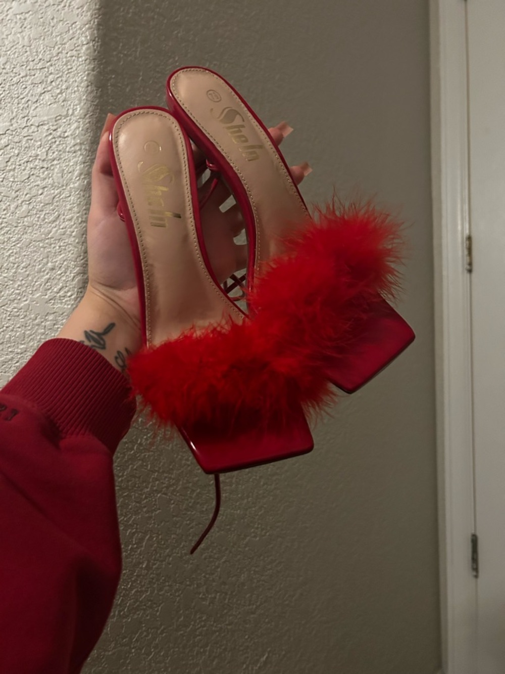 SHEIN Red Feather Trim Slide Heels for Women